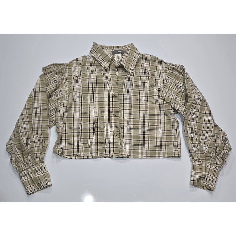 Sans Souci Womens Cropped Plaid Button Down Shirt Olive Green Puff Sleeve Small